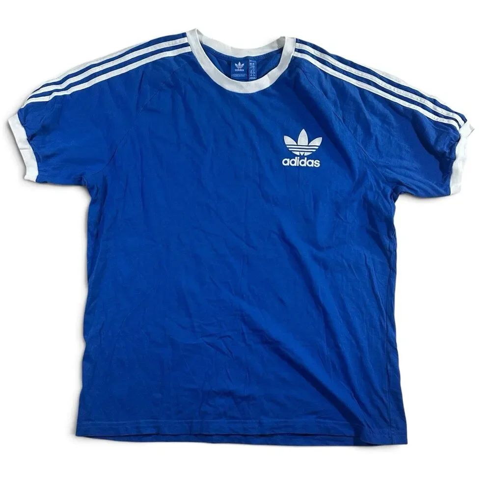 ADIDAS Vintage Trefoil T-Shirt 2XL Blue White 3-Stripes Ringer Tee Retro Logo